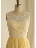 Ivory Lace Yellow Chiffon Popular Short Prom Dress